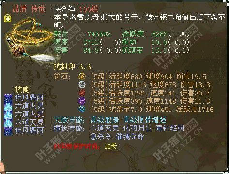 100级速度3722伤害84.8活跃6283幌金绳